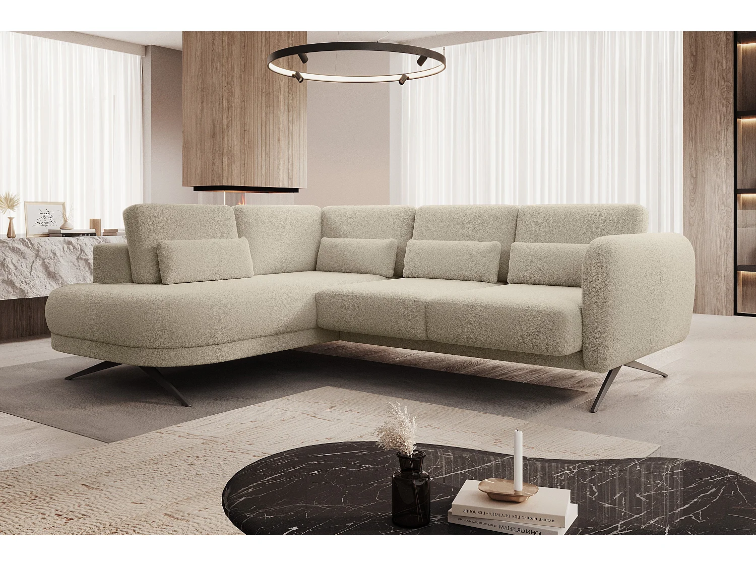 Hoekbank ILUSIO L met slaapfunctie, 250x205cm, verstelbare rugleuning, hoogwaardige materialen, kleur crème, links