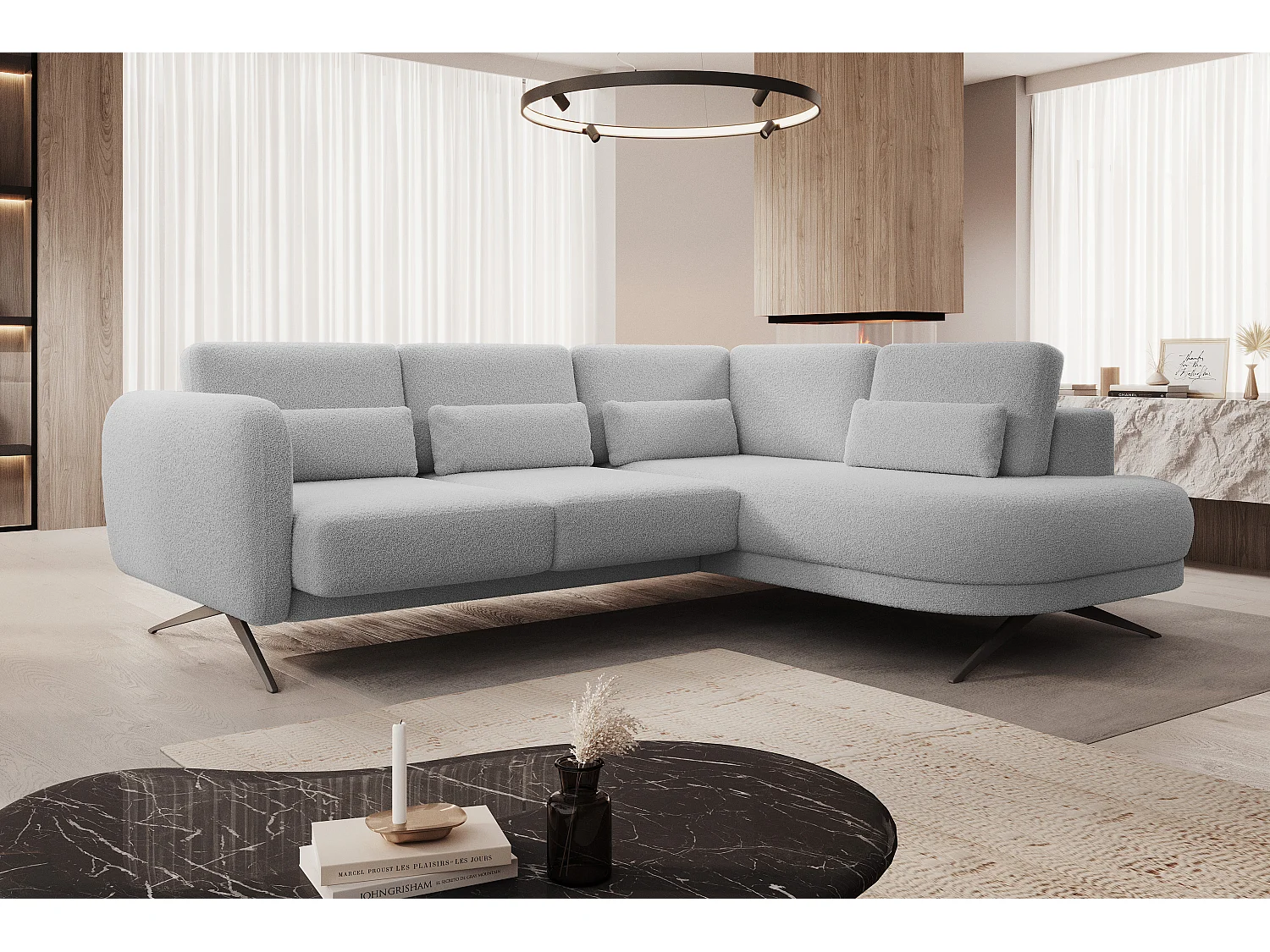 Hoekbank ILUSIO L met slaapfunctie, 250x205cm, verstelbare rugleuning, hoogwaardige materialen, kleur lichtgrijs, rechts