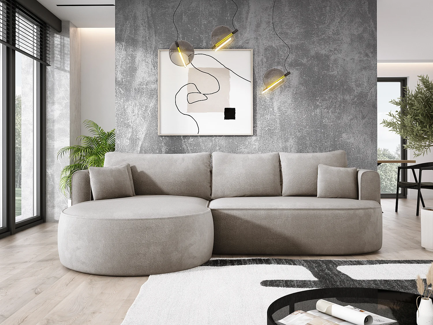 FIORE slaaphoekbank met bed, wave suspension, commode en 5 kussens, links 284x183x82 cm, beige