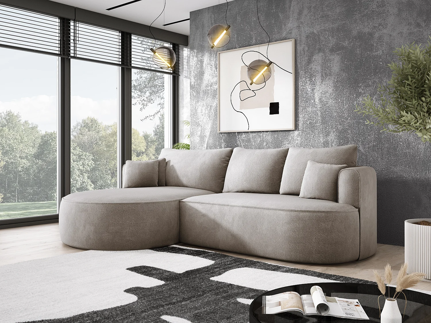 FIORE slaaphoekbank met bed, wave suspension, commode en 5 kussens, links 284x183x82 cm, beige