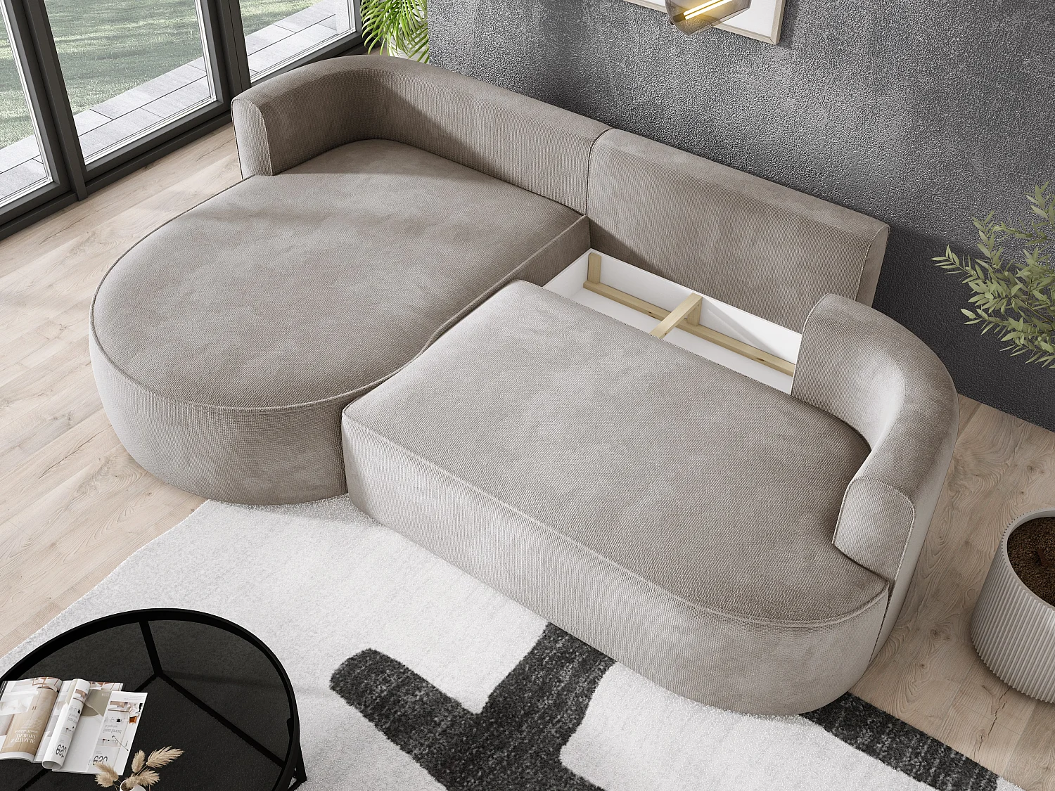 FIORE slaaphoekbank met bed, wave suspension, commode en 5 kussens, links 284x183x82 cm, beige