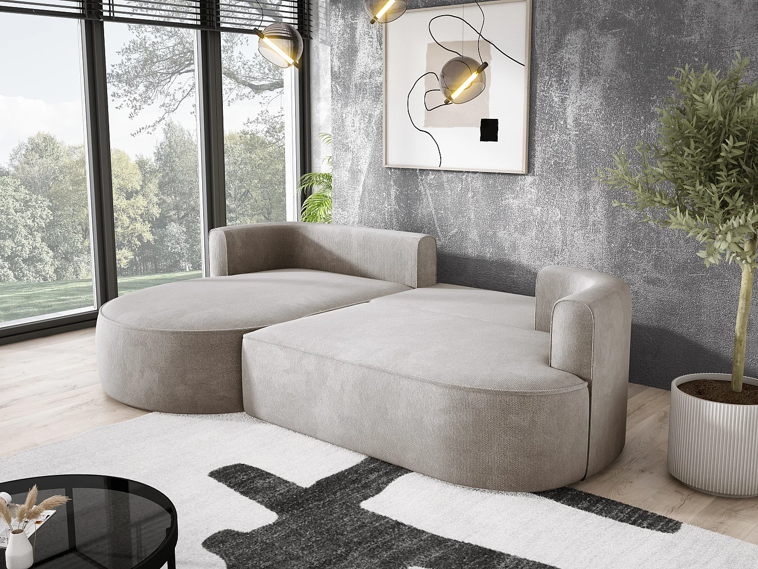 FIORE slaaphoekbank met bed, wave suspension, commode en 5 kussens, links 284x183x82 cm, beige