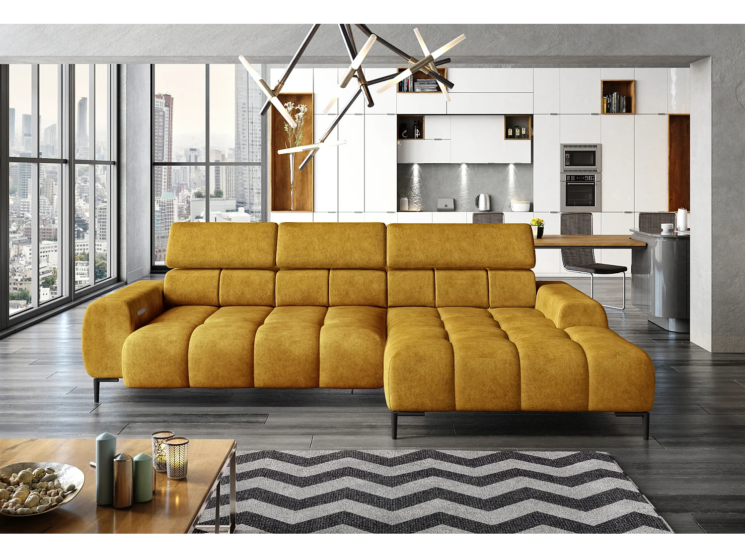 Sofa narożna PLAZA Mini regulowana elektrycznie 270x177cm | Salvador żółty, lewa