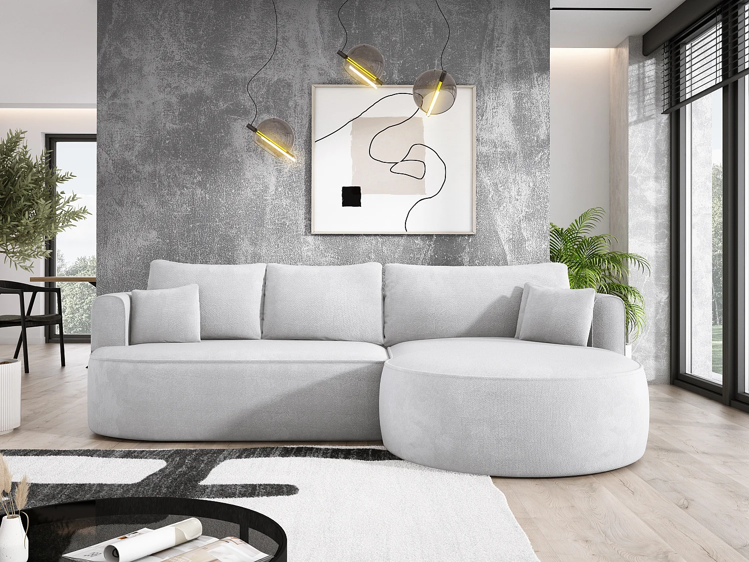 FIORE hoekbank met ligvlak, wavevering, box en 5 kussens, rechts 284x183x82 cm, wit