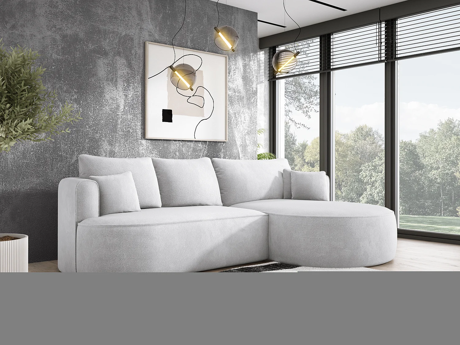 FIORE hoekbank met ligvlak, wavevering, box en 5 kussens, rechts 284x183x82 cm, wit