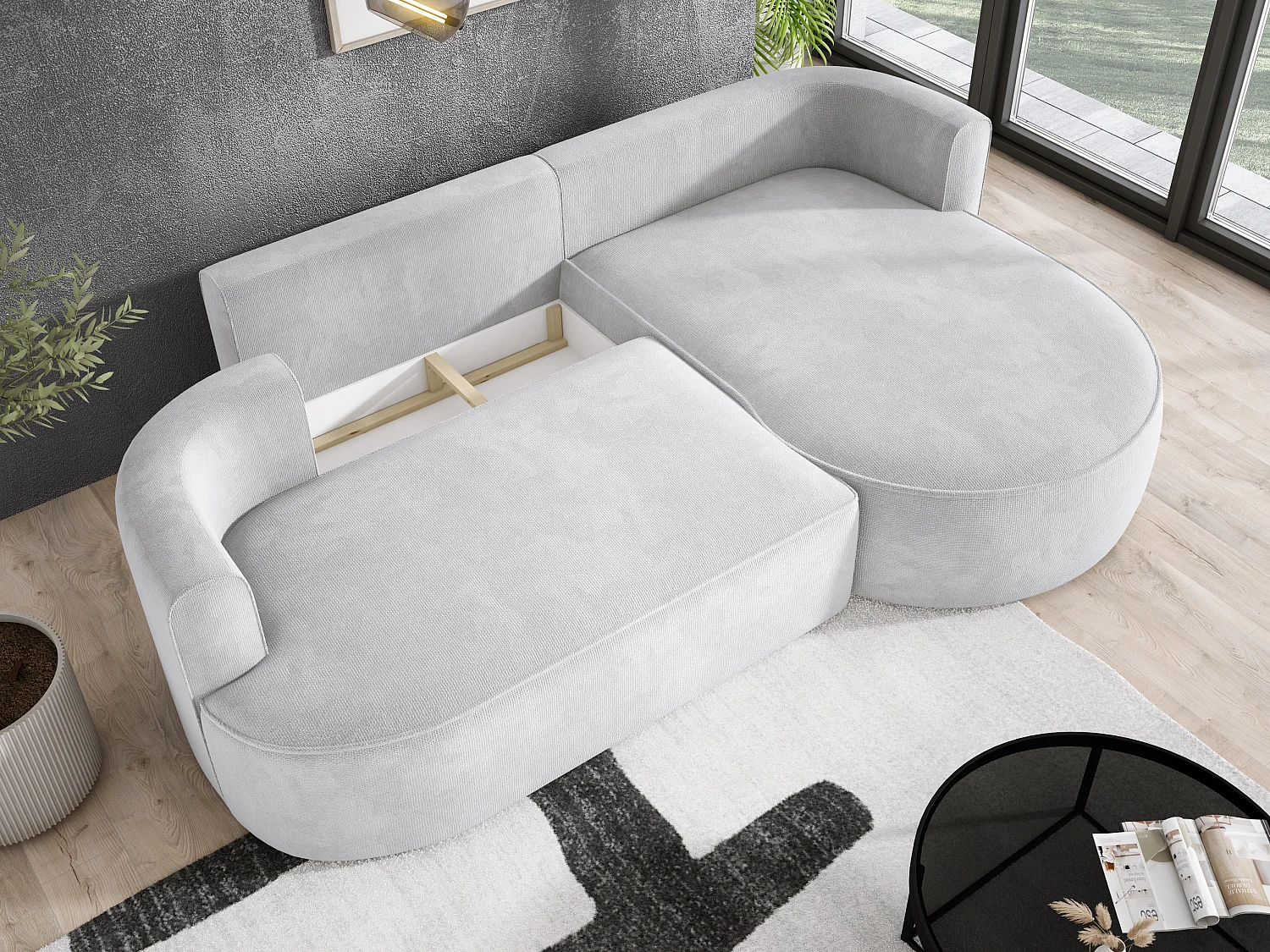 FIORE hoekbank met ligvlak, wavevering, box en 5 kussens, rechts 284x183x82 cm, wit