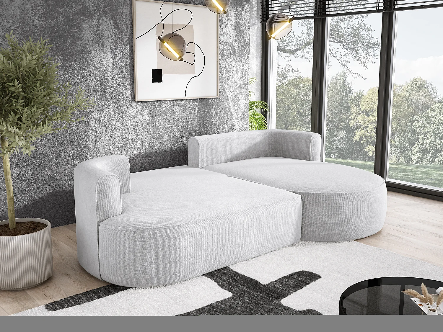 FIORE hoekbank met ligvlak, wavevering, box en 5 kussens, rechts 284x183x82 cm, wit