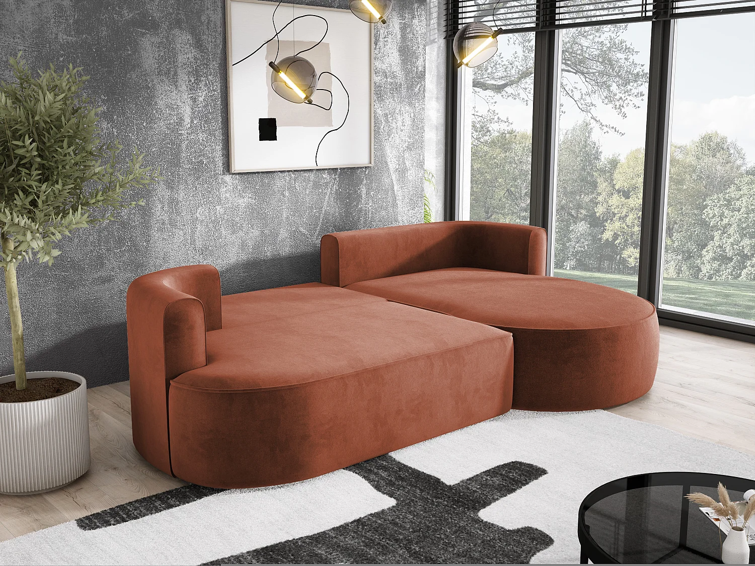 Nowoczesny rozkładany narożnik FIORE z funkcją spania, kanapa z automatycznym rozkładaniem, sofa, wersalka LEWY 284x183x82cm brąz kasztanowy