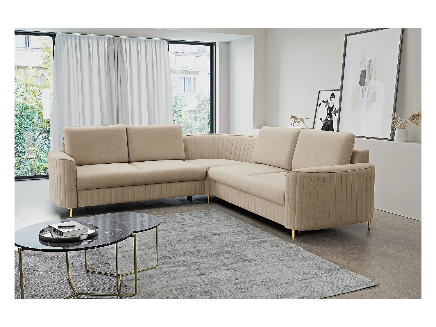 Canapé d'angle LAREN convertible, coffre de rangement, pieds en plastique, côté gauche, BEIGE, 251x251x85 cm