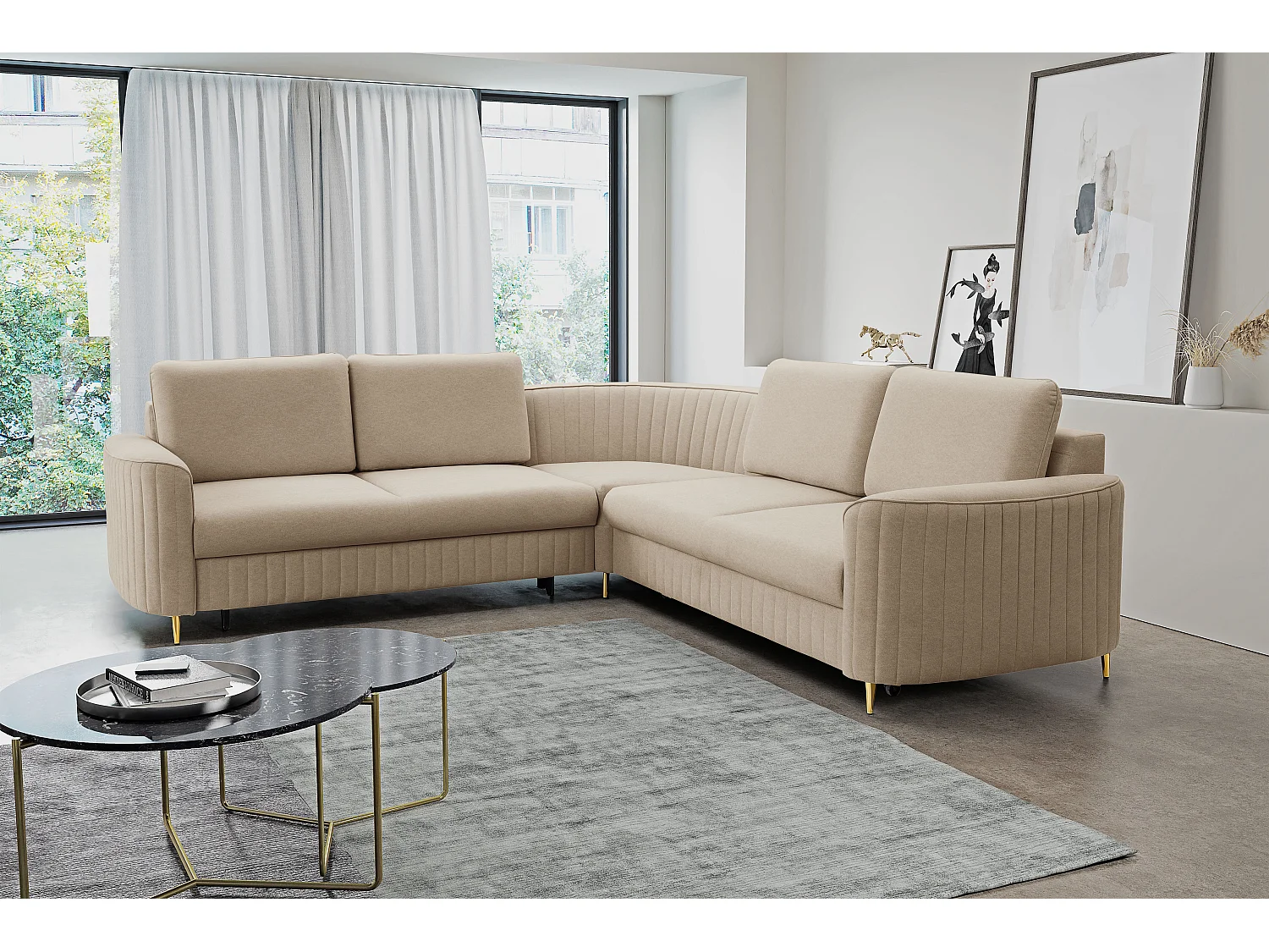 Canapé d'angle LAREN convertible, coffre de rangement, pieds en plastique, côté gauche, BEIGE, 251x251x85 cm