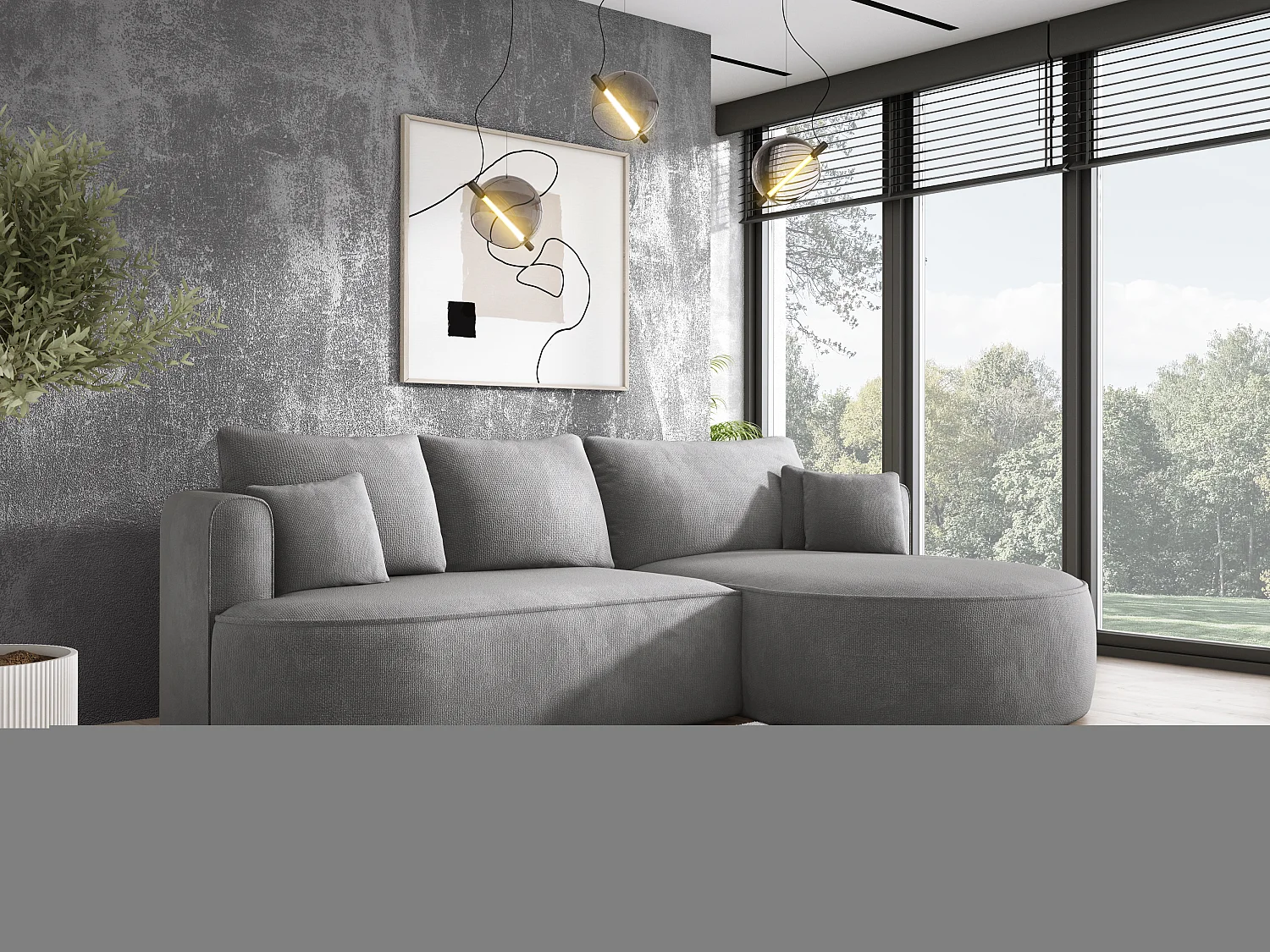 FIORE slaaphoek met bed, wavevering, box en 5 kussens, rechts 284x183x82 cm, zilver