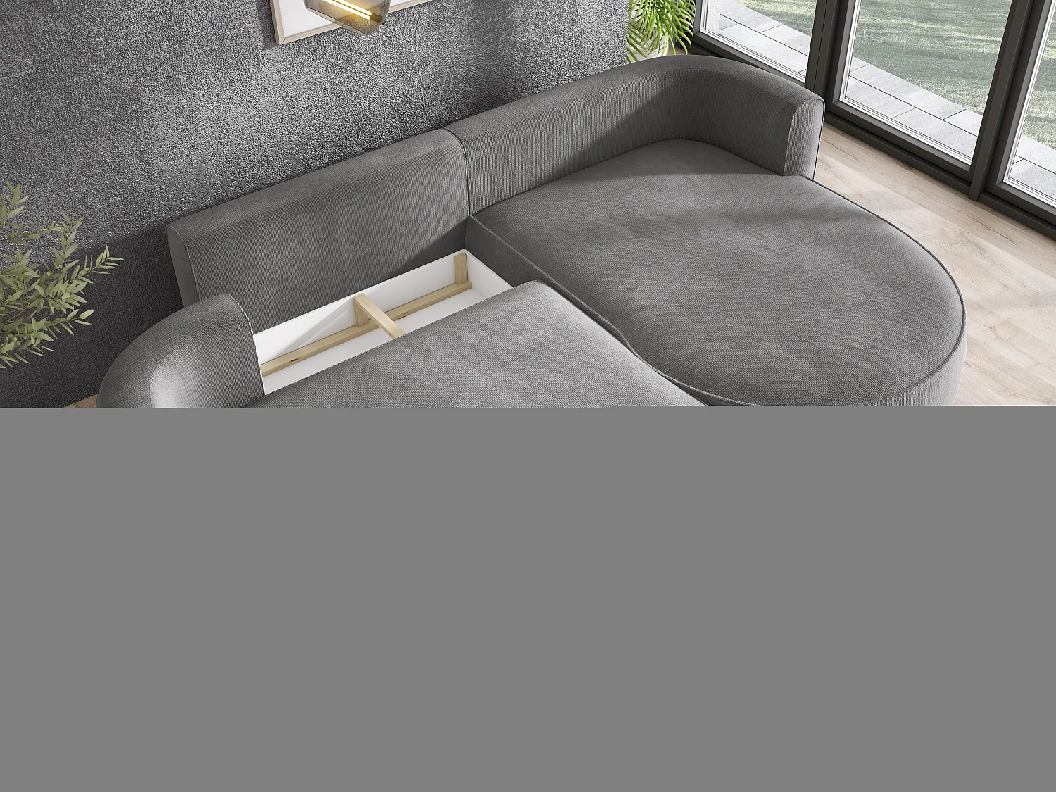 FIORE slaaphoek met bed, wavevering, box en 5 kussens, rechts 284x183x82 cm, zilver