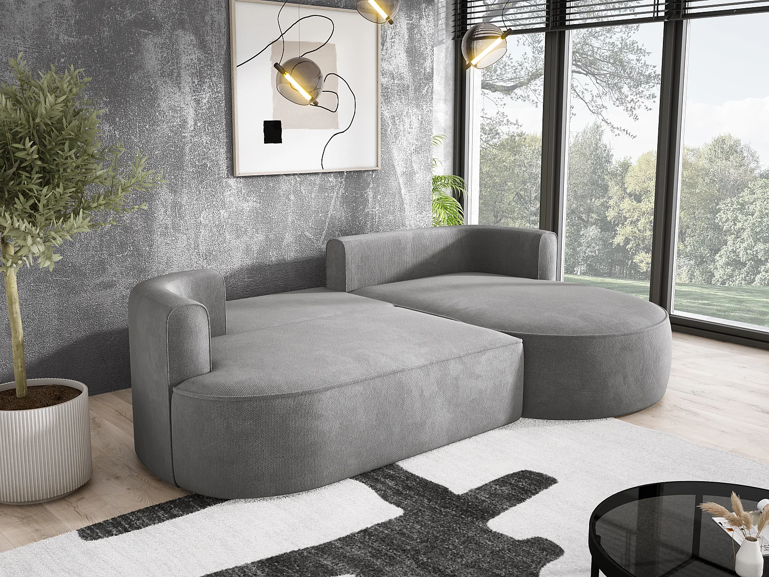 FIORE slaaphoek met bed, wavevering, box en 5 kussens, rechts 284x183x82 cm, zilver