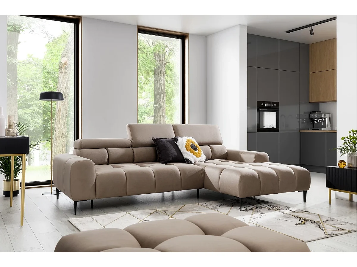 PLAZA Mini Elektrisch verstelbare Hoekbank 270x177cm | Solar Beige, Lichtbruin, Rechts