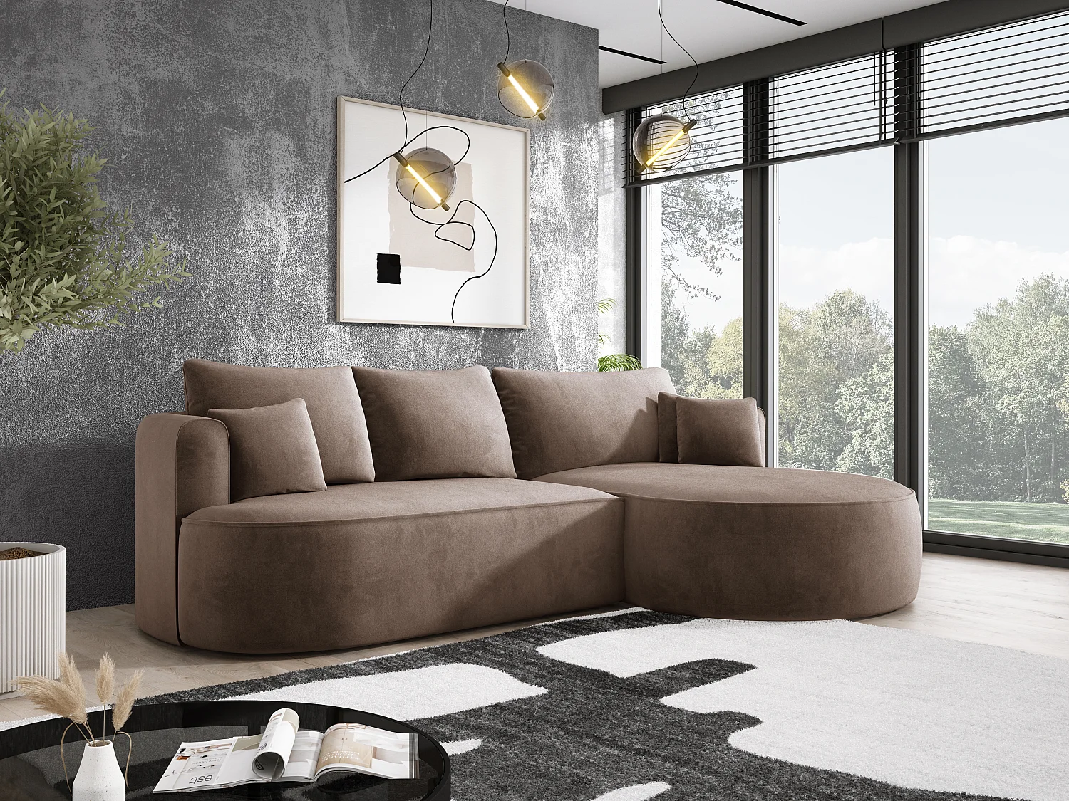 Nowoczesny rozkładany narożnik FIORE z funkcją spania, sofa z automatycznym rozkładaniem, wersalka, sofa rozkładana PRAWA 284x183x82cm Cappucino