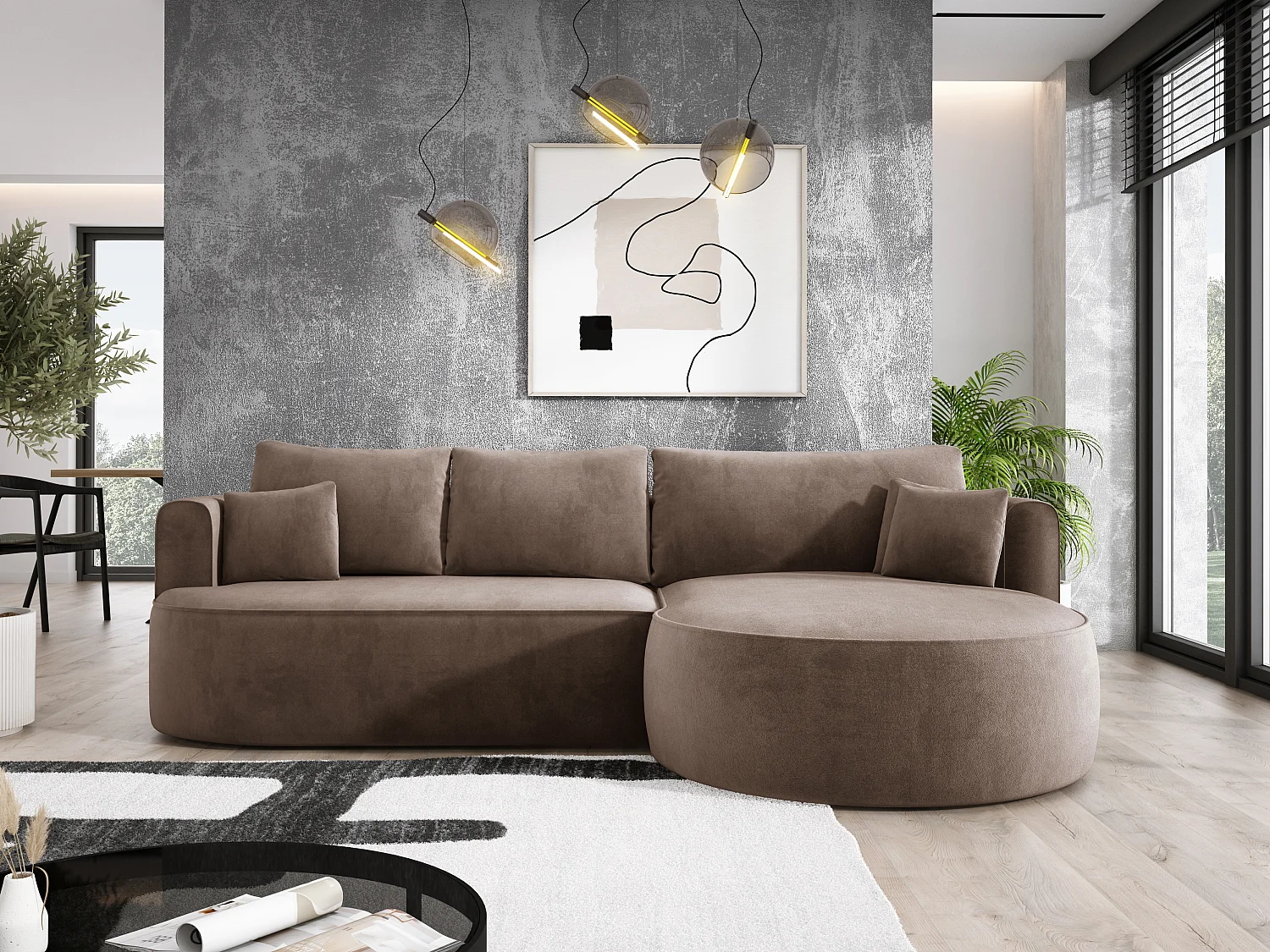 Moderne uitschuifbare hoekbank FIORE met slaapfunctie, bank met automatische ontvouwing, sofa, slaapbank RECHTS 284x183x82cm Cappucino
