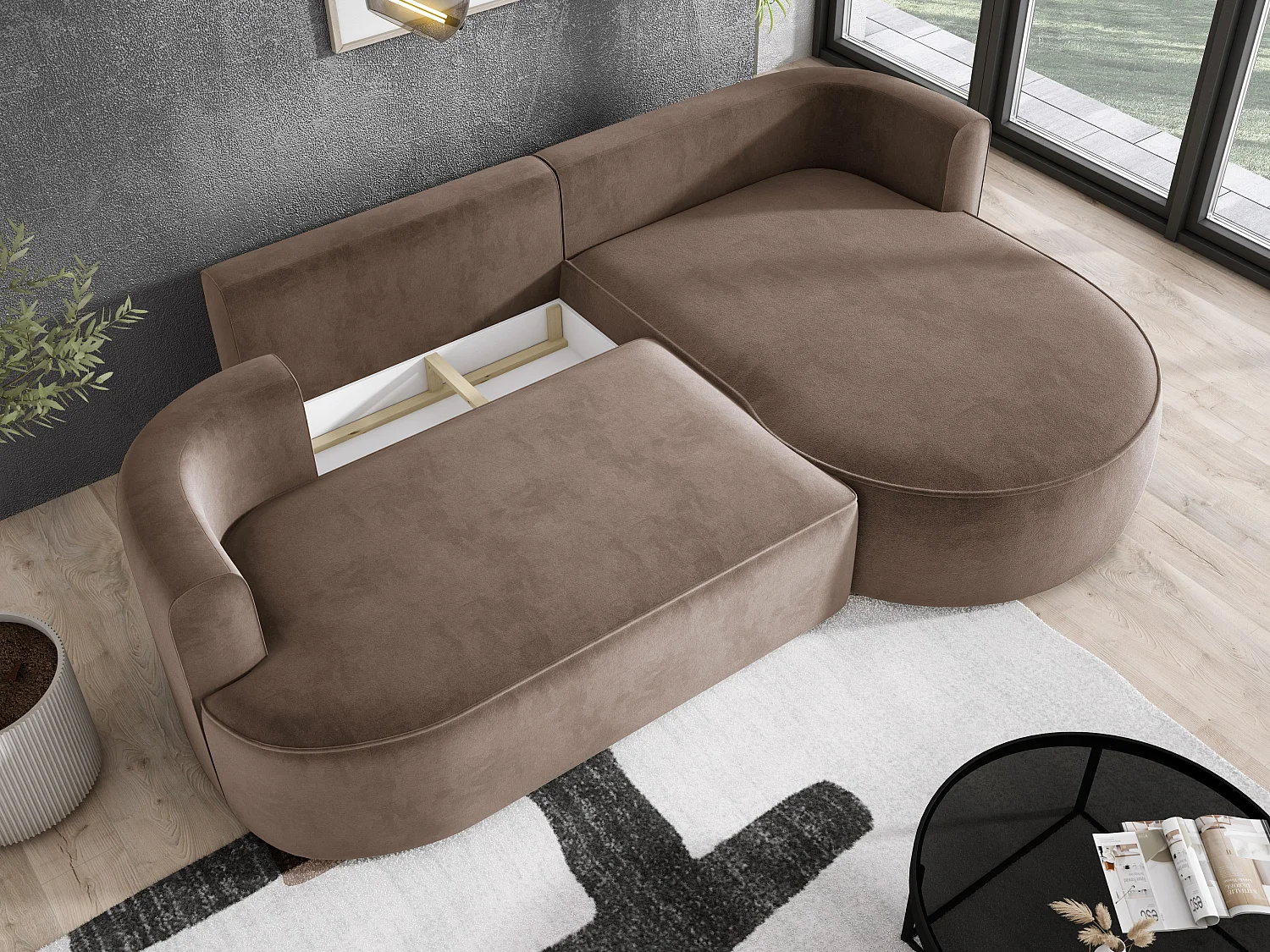 Moderne uitschuifbare hoekbank FIORE met slaapfunctie, bank met automatische ontvouwing, sofa, slaapbank RECHTS 284x183x82cm Cappucino