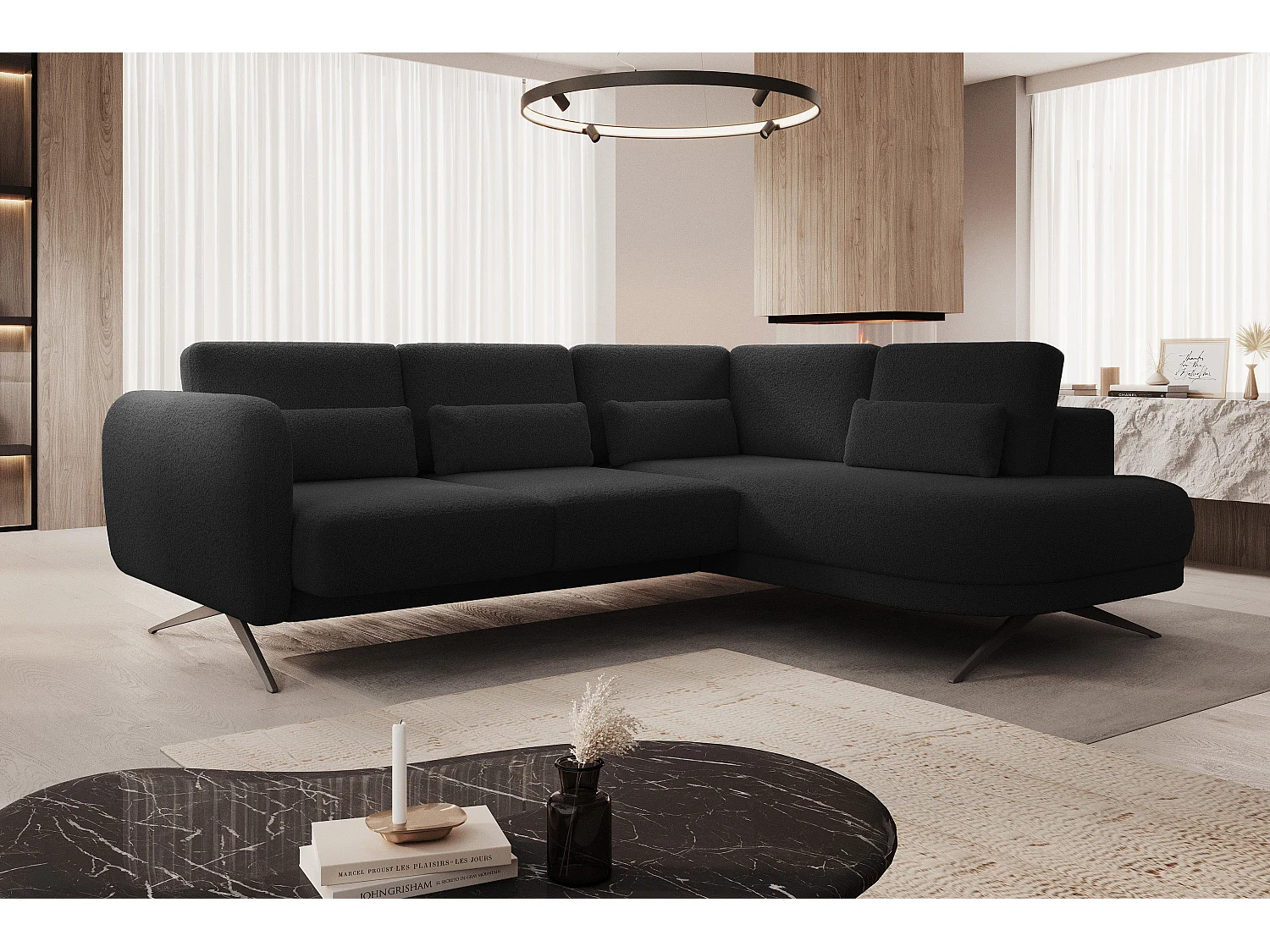 Hoekbank ILUSIO L met slaapfunctie, 250x205cm, verstelbare rugleuning, hoogwaardige materialen, kleur zwart, rechts