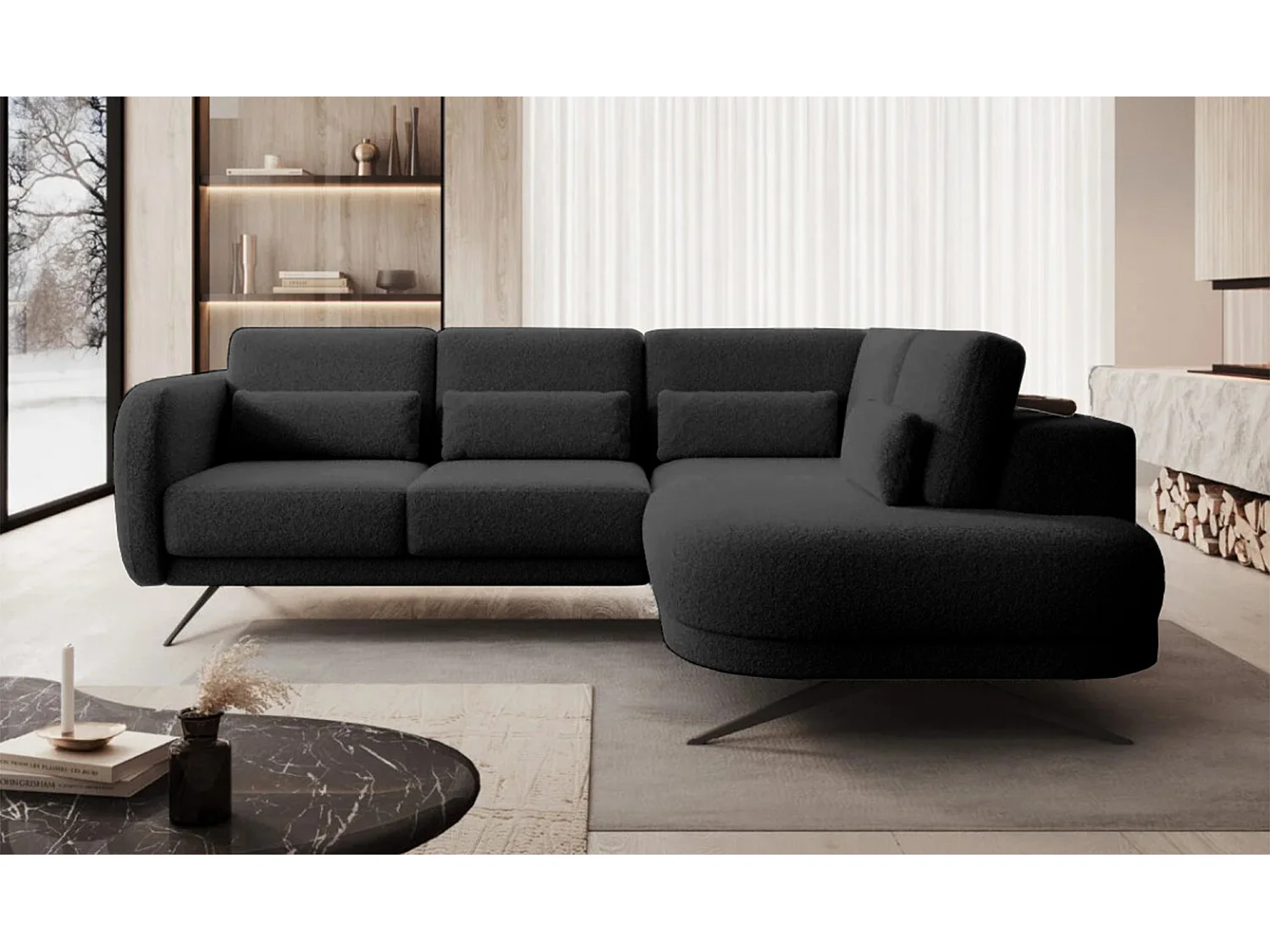 Hoekbank ILUSIO L met slaapfunctie, 250x205cm, verstelbare rugleuning, hoogwaardige materialen, kleur zwart, rechts