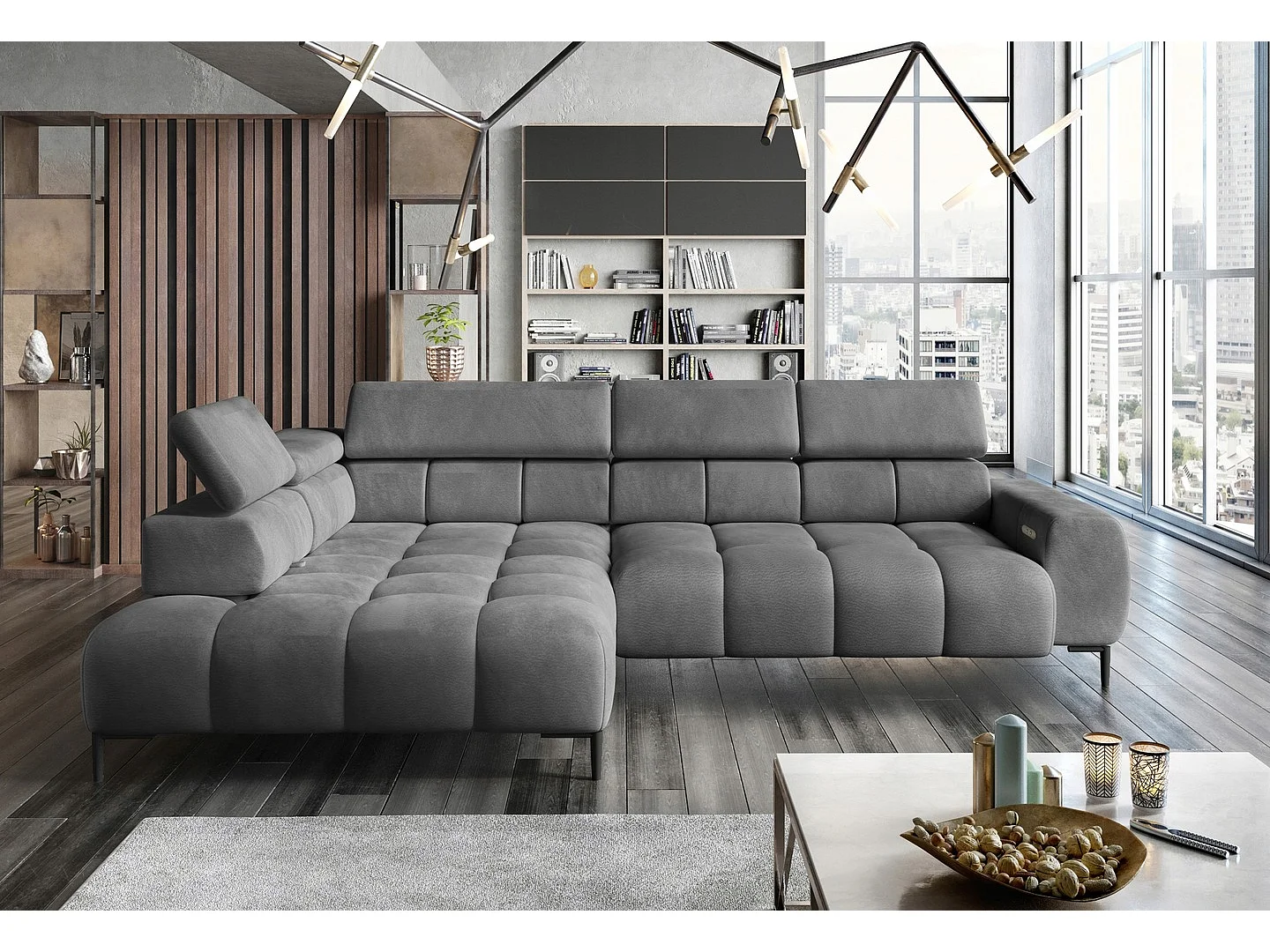 Ecksofa DOMO-HOME PLAZA L Elektrisch verstellbar 300x216cm | Dunkelgrau Solar, Links