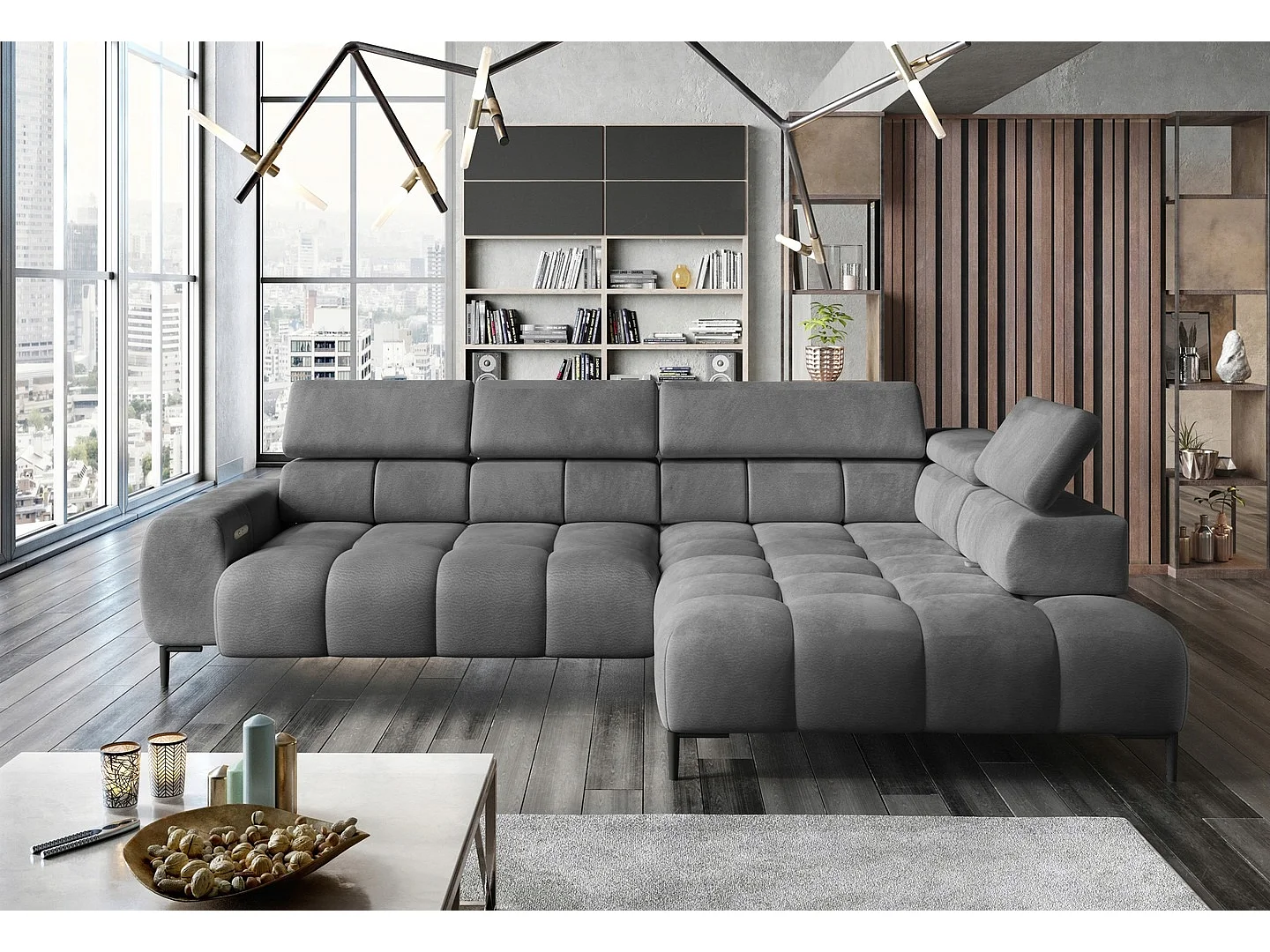 Canapé d'Angle DOMO-HOME PLAZA L Réglage Électrique 300x216cm | Gris Foncé Solar, Gauche