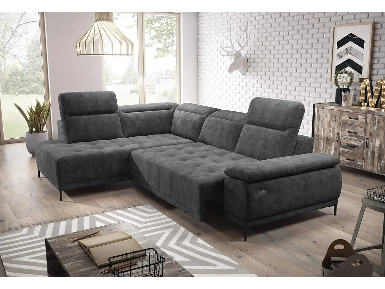 Canapé d'angle U FOCUS XL 352x204 cm, Design moderne, Têtières réglables, Velours luxueux, Option lit, Électrique, Gris, Droit