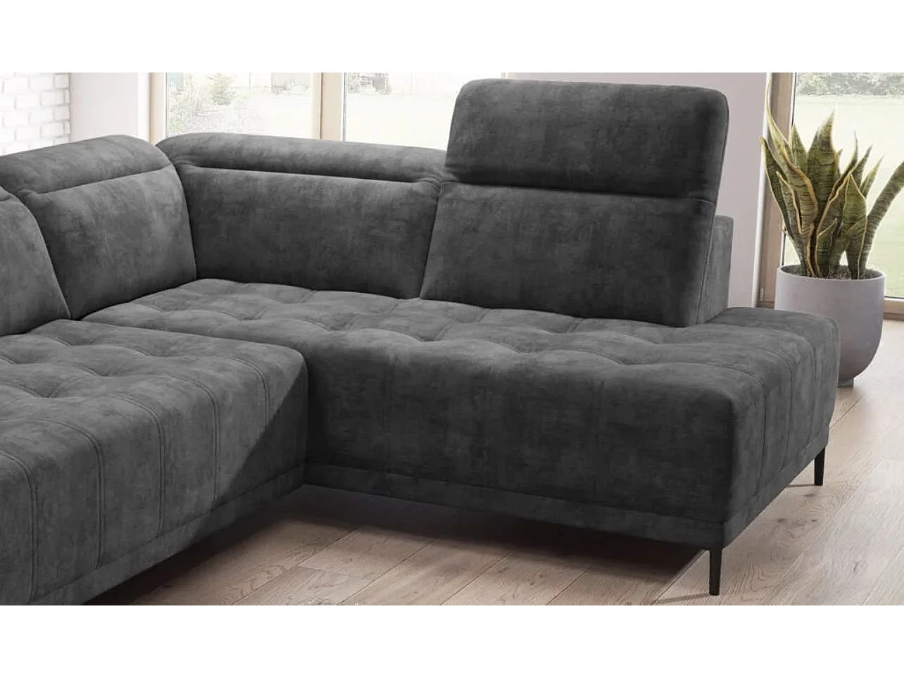 Canapé d'angle U FOCUS XL 352x204 cm, Design moderne, Têtières réglables, Velours luxueux, Option lit, Électrique, Gris, Droit