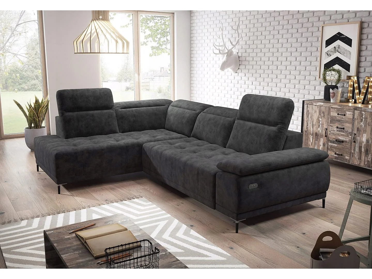 Canapé d'angle U FOCUS XL 352x204 cm, Design moderne, Têtières réglables, Velours luxueux, Option lit, Électrique, Gris, Gauche