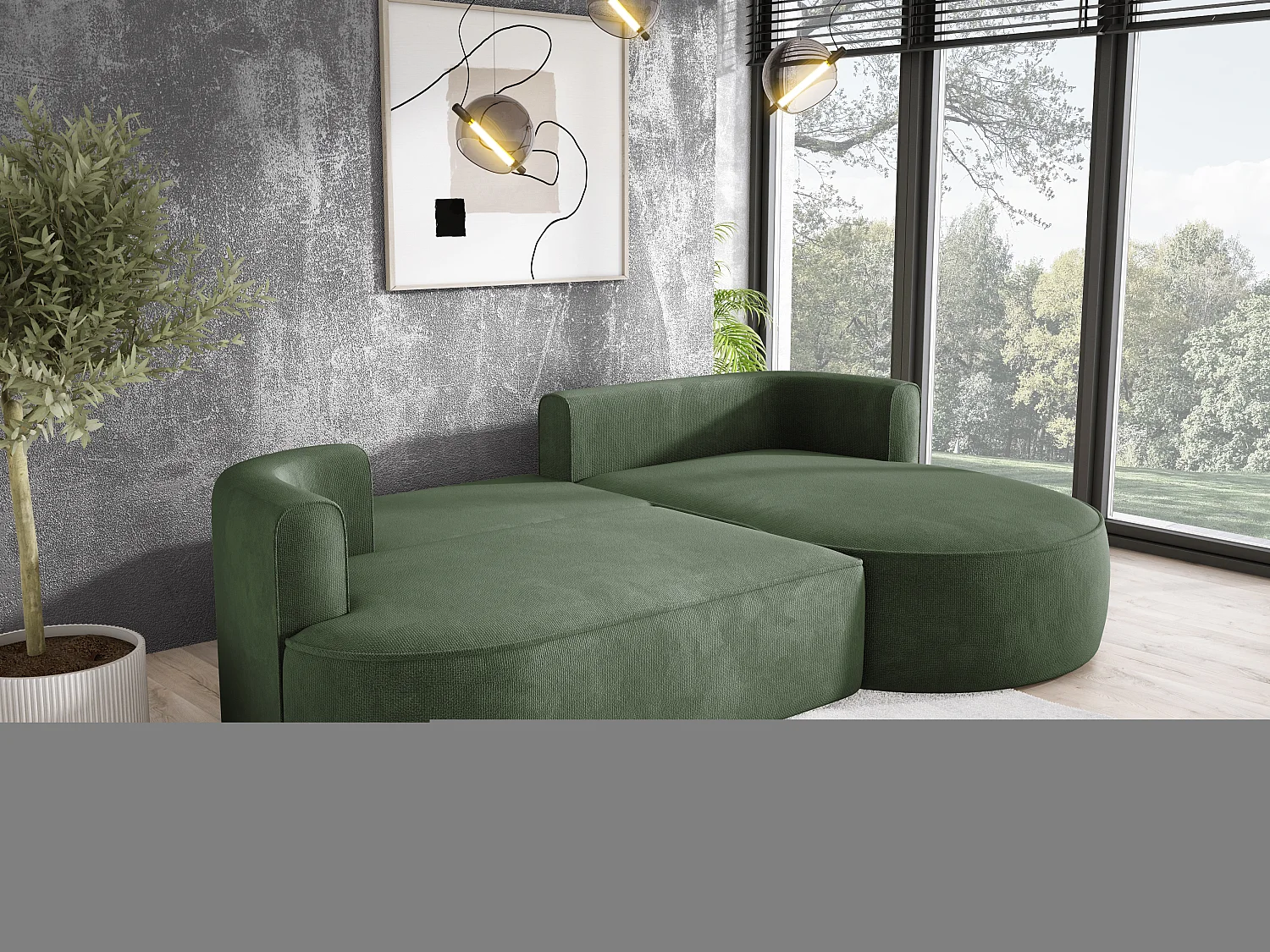 FIORE hoekbank - omvormbaar met automatische opening, high resilience foam, modern design, rechts 284x183x82 cm, donkergroen