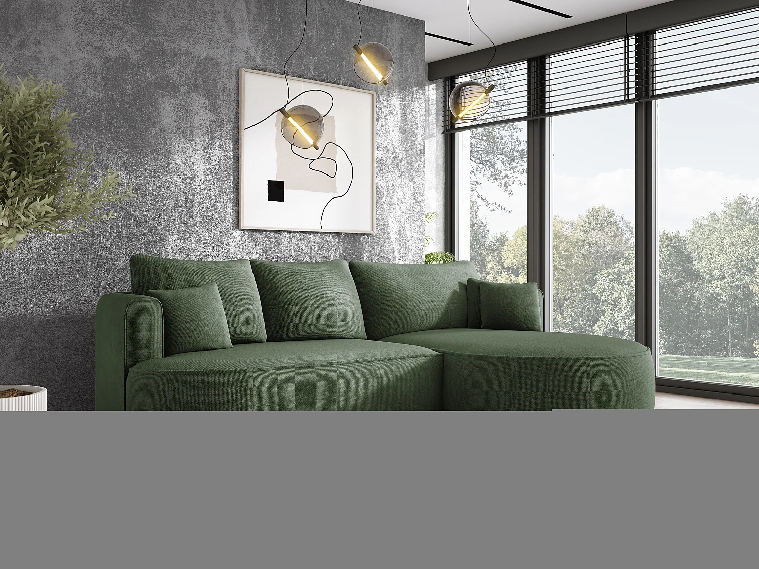 FIORE hoekbank - omvormbaar met automatische opening, high resilience foam, modern design, rechts 284x183x82 cm, donkergroen