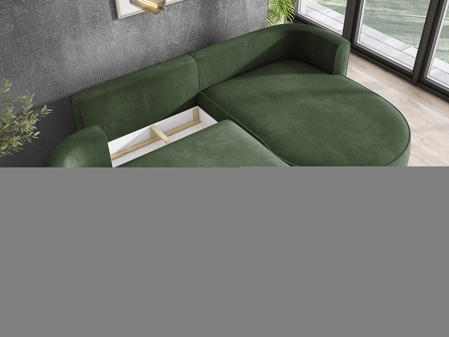 FIORE hoekbank - omvormbaar met automatische opening, high resilience foam, modern design, rechts 284x183x82 cm, donkergroen