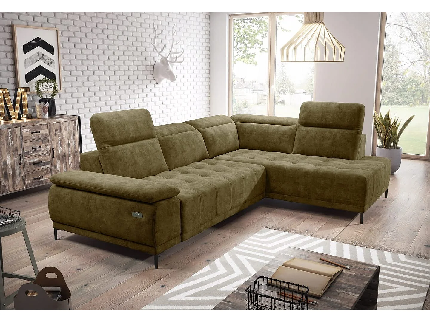 Canapé d'angle U FOCUS XL 352x204 cm, Design moderne, Têtières réglables, Velours luxueux, Option lit, Électrique, Jaune foncé, Droit