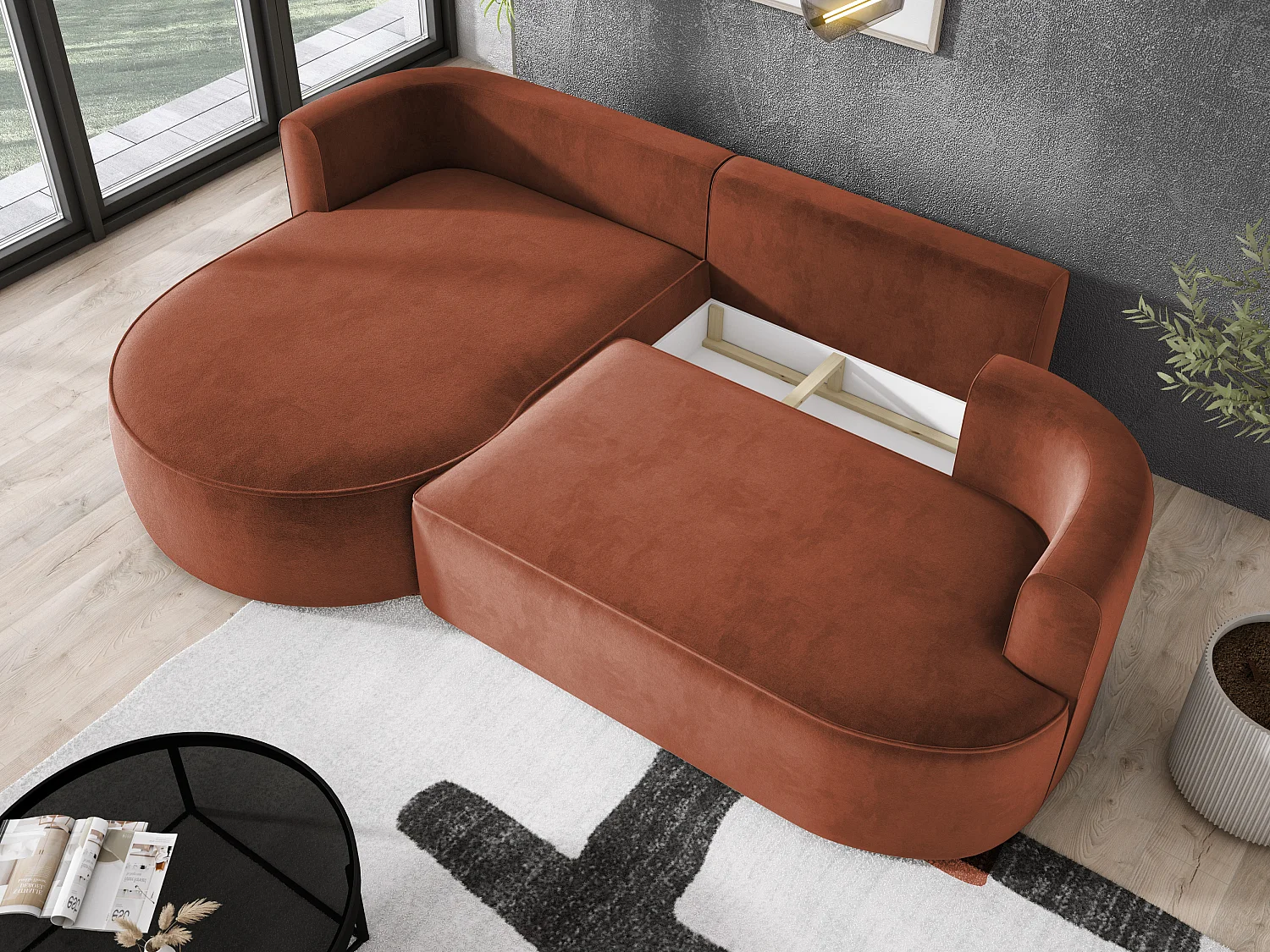 Moderne Ausziehbare Ecksofa FIORE Mit Schlaf-Funktion, Couch mit automatischer Auffaltung, Sofa, Schlafcouch RECHTS 284x183x82cm Kastanienbraun