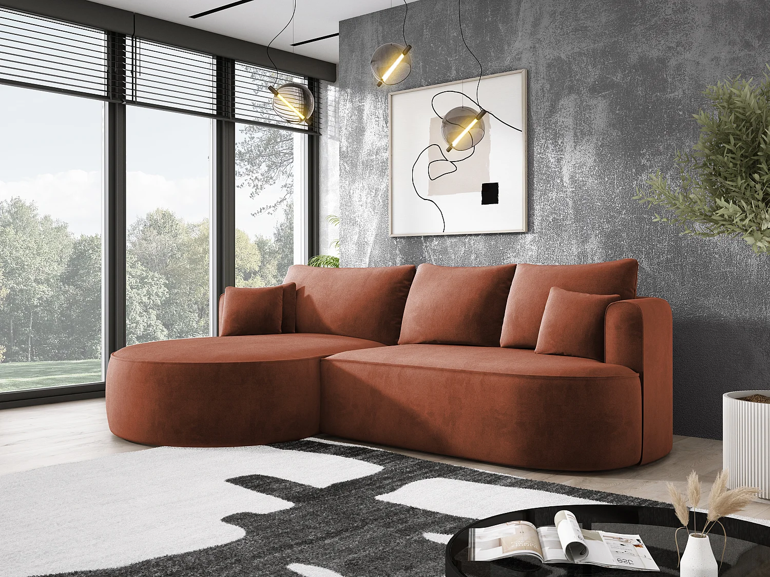 Moderne Ausziehbare Ecksofa FIORE Mit Schlaf-Funktion, Couch mit automatischer Auffaltung, Sofa, Schlafcouch RECHTS 284x183x82cm Kastanienbraun