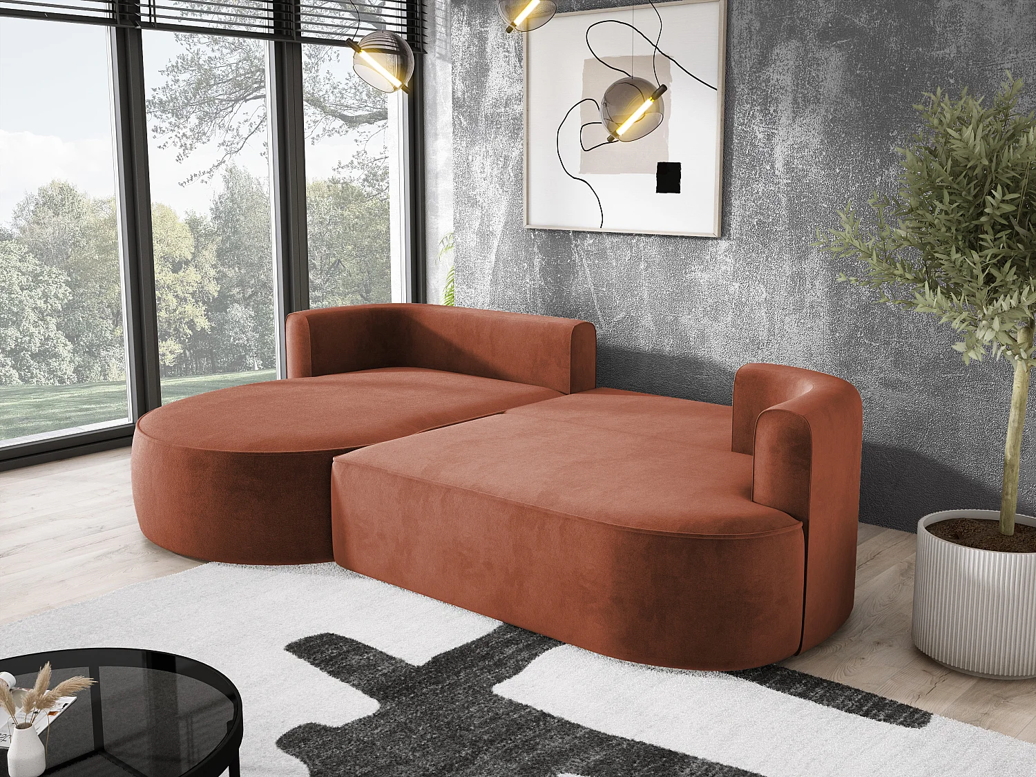 Moderne Ausziehbare Ecksofa FIORE Mit Schlaf-Funktion, Couch mit automatischer Auffaltung, Sofa, Schlafcouch RECHTS 284x183x82cm Kastanienbraun