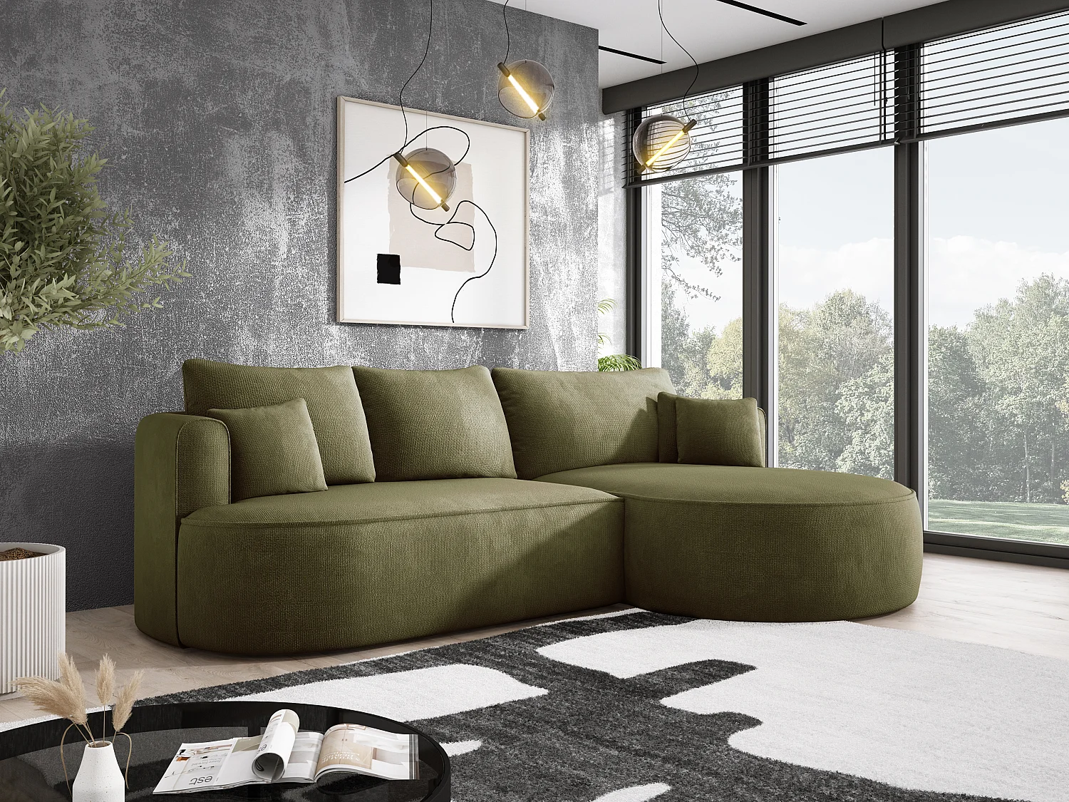 Ecksofa FIORE - umbaubar mit automatischer Öffnung, High Resilience Foam, modernes Design, rechts 284x183x82 cm, grün