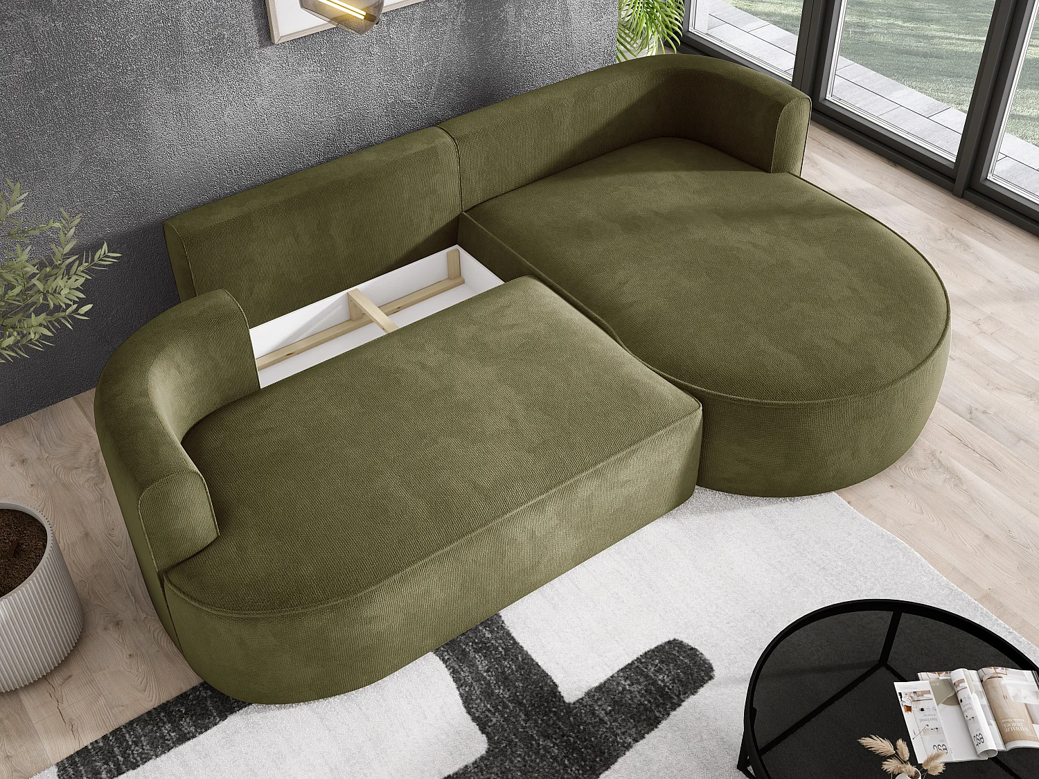 Ecksofa FIORE - umbaubar mit automatischer Öffnung, High Resilience Foam, modernes Design, rechts 284x183x82 cm, grün