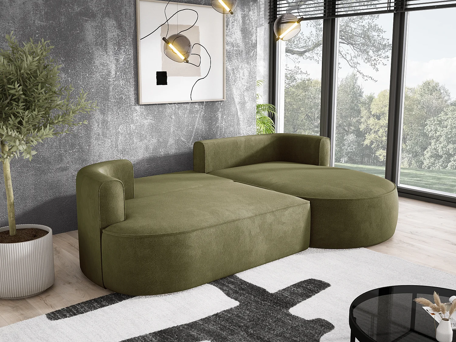 Ecksofa FIORE - umbaubar mit automatischer Öffnung, High Resilience Foam, modernes Design, rechts 284x183x82 cm, grün