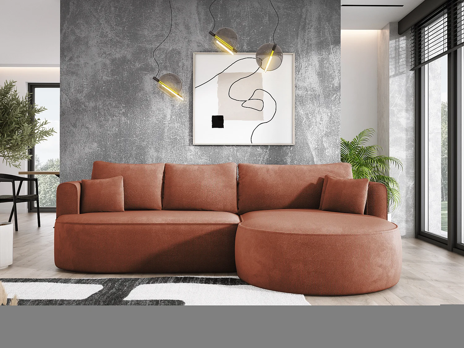 FIORE hoekbank - omvormbaar met automatische opening, high resilience foam, modern design, rechts 284x183x82 cm, bruin