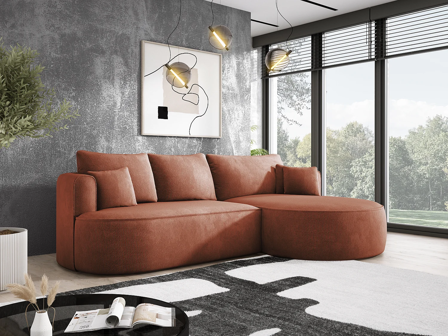 FIORE hoekbank - omvormbaar met automatische opening, high resilience foam, modern design, rechts 284x183x82 cm, bruin