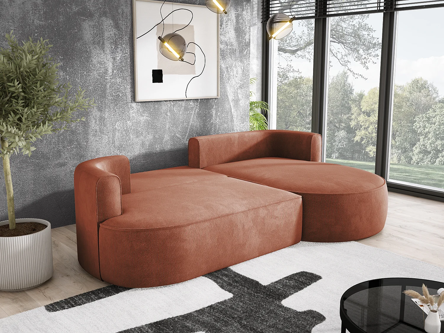 FIORE hoekbank - omvormbaar met automatische opening, high resilience foam, modern design, rechts 284x183x82 cm, bruin