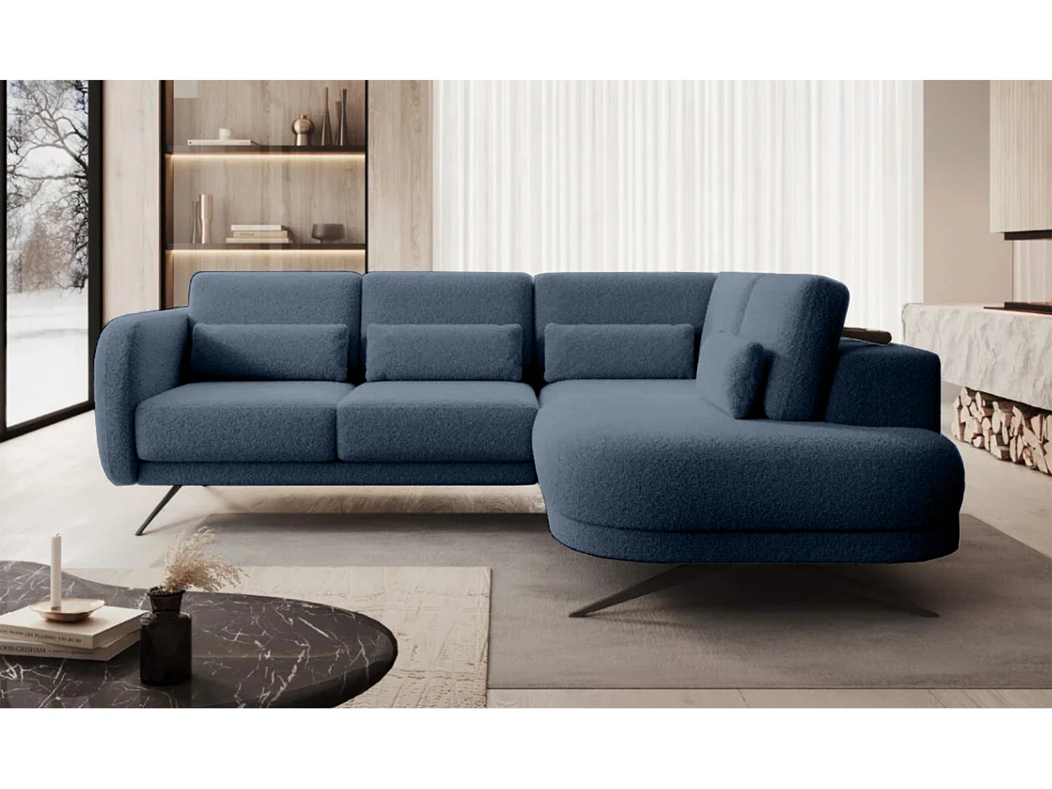 Hoekbank ILUSIO L met slaapfunctie, 250x205cm, verstelbare rugleuning, hoogwaardige materialen, kleur blauw, rechts