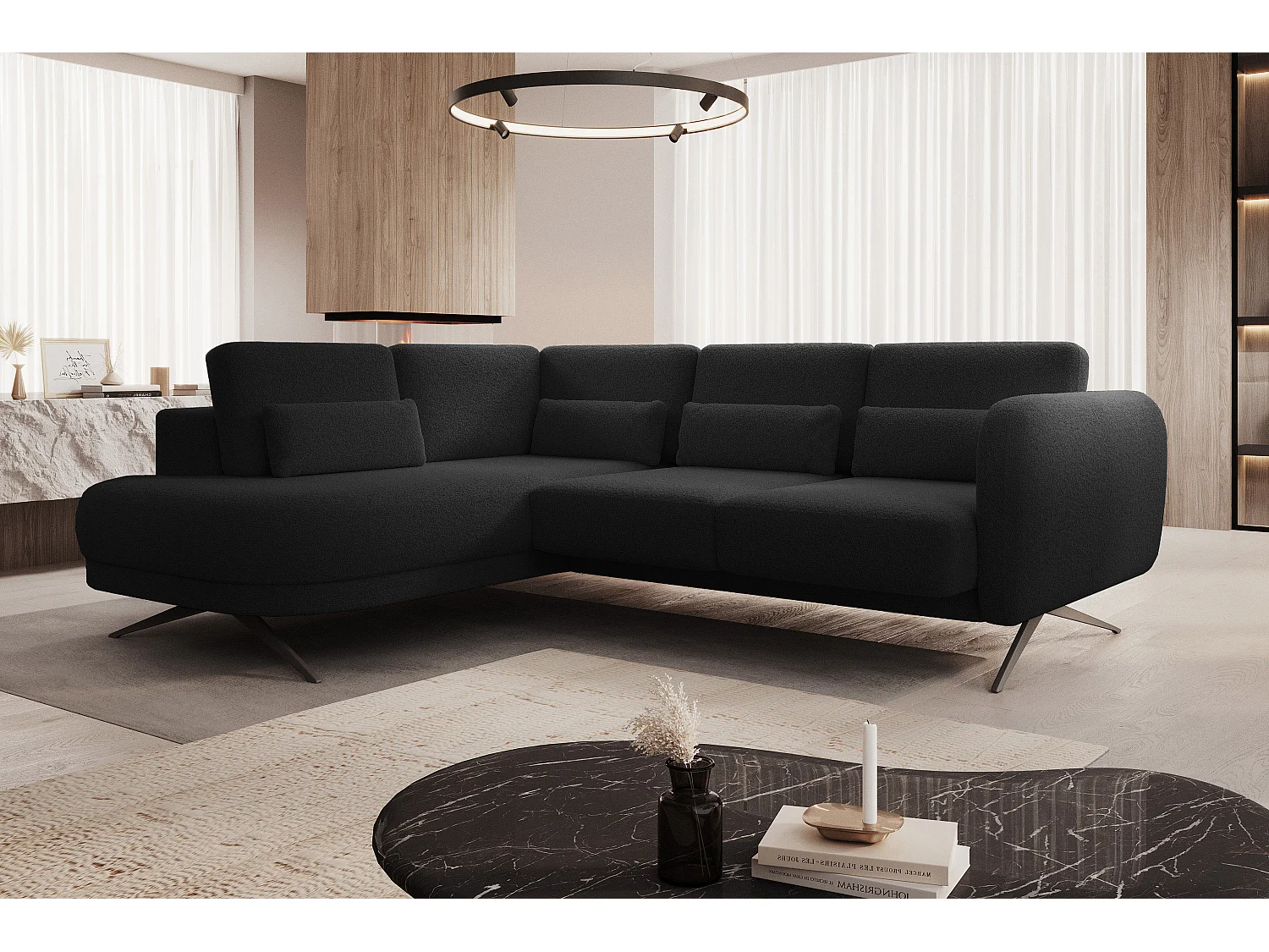 Canapé d'angle ILUSIO L avec fonction sommeil, 250x205cm, dossier réglable, matériaux de haute qualité, couleur noir, gauche