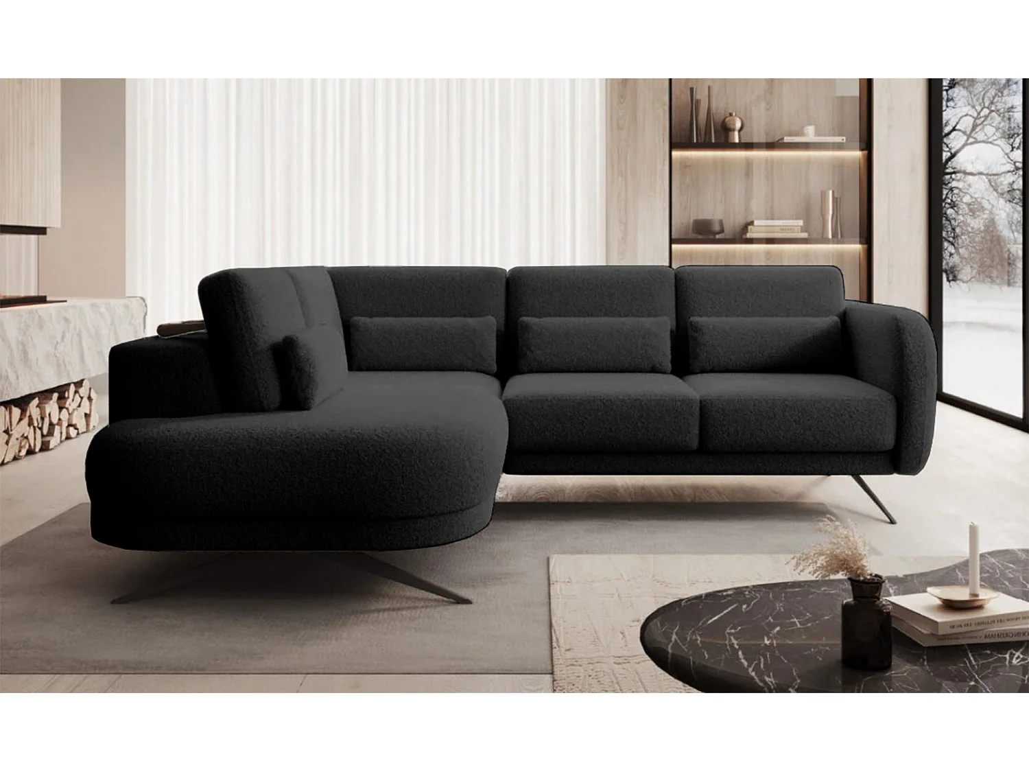 Canapé d'angle ILUSIO L avec fonction sommeil, 250x205cm, dossier réglable, matériaux de haute qualité, couleur noir, gauche