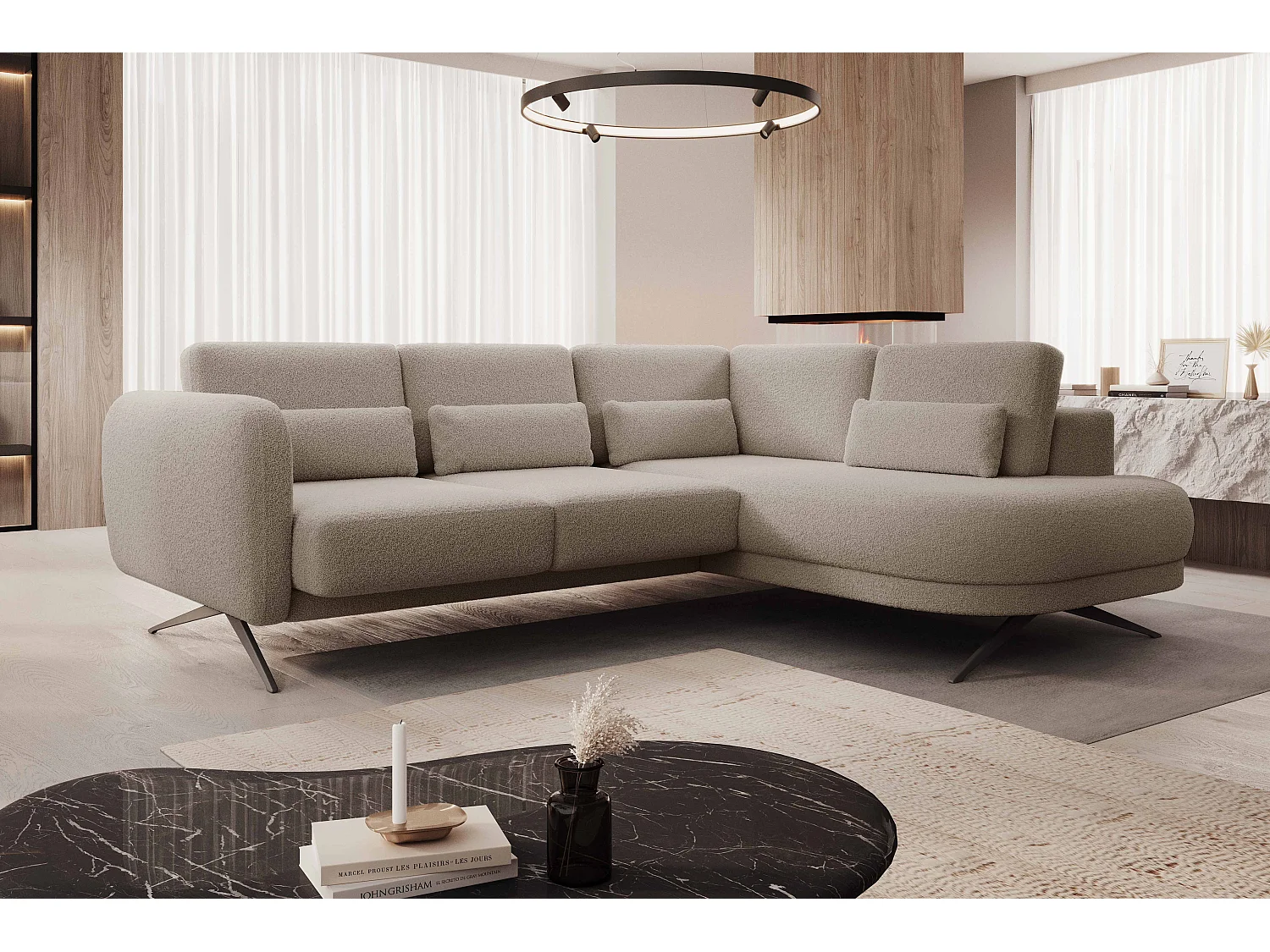 Canapé d'angle ILUSIO L avec fonction sommeil, 250x205cm, dossier réglable, matériaux de haute qualité, couleur grise, droite