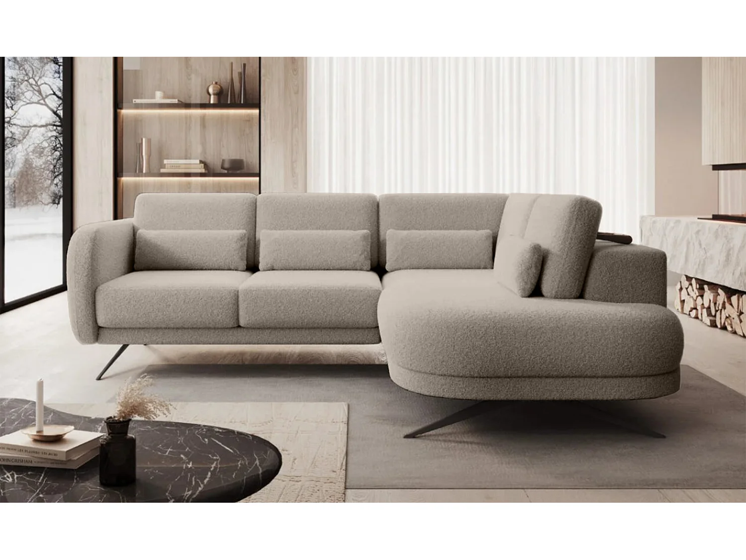 Canapé d'angle ILUSIO L avec fonction sommeil, 250x205cm, dossier réglable, matériaux de haute qualité, couleur grise, droite