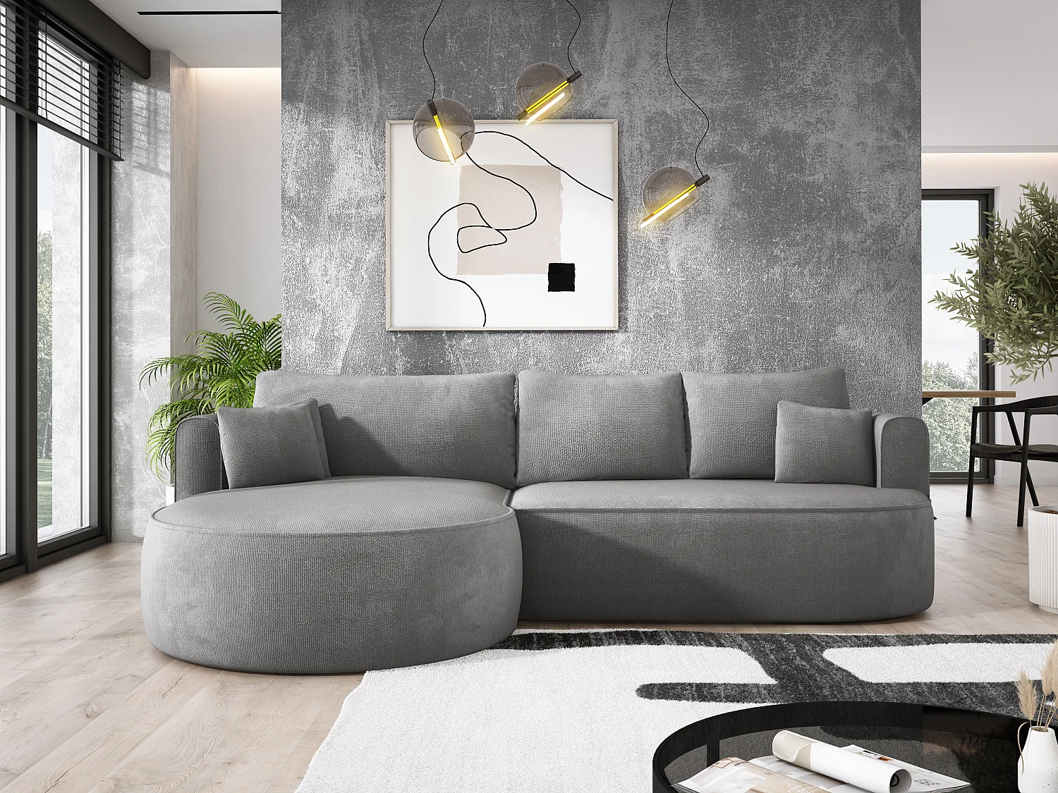 FIORE hoekbank - omvormbaar met automatische opening, high resilience foam, modern design, links 284x183x82 cm, zilver