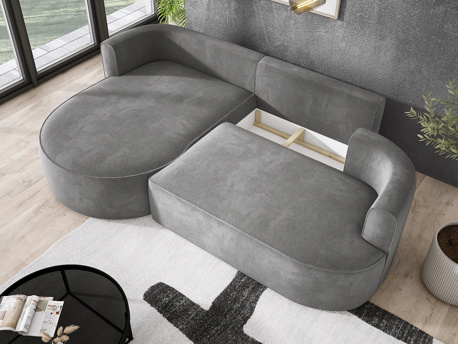 FIORE hoekbank - omvormbaar met automatische opening, high resilience foam, modern design, links 284x183x82 cm, zilver