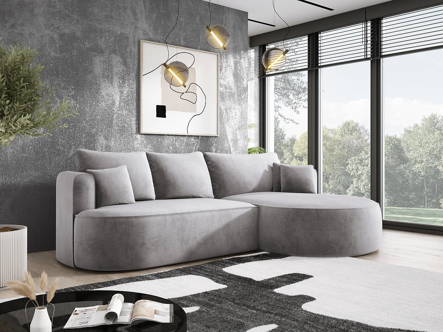 Nowoczesny rozkładany narożnik FIORE z funkcją spania, kanapa z automatycznym rozkładaniem, sofa, wersalka PRAWA 284x183x82cm Jasnoszary