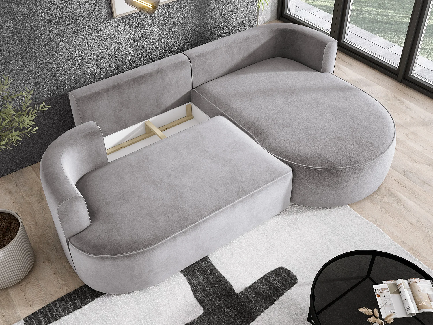 Nowoczesny rozkładany narożnik FIORE z funkcją spania, kanapa z automatycznym rozkładaniem, sofa, wersalka PRAWA 284x183x82cm Jasnoszary